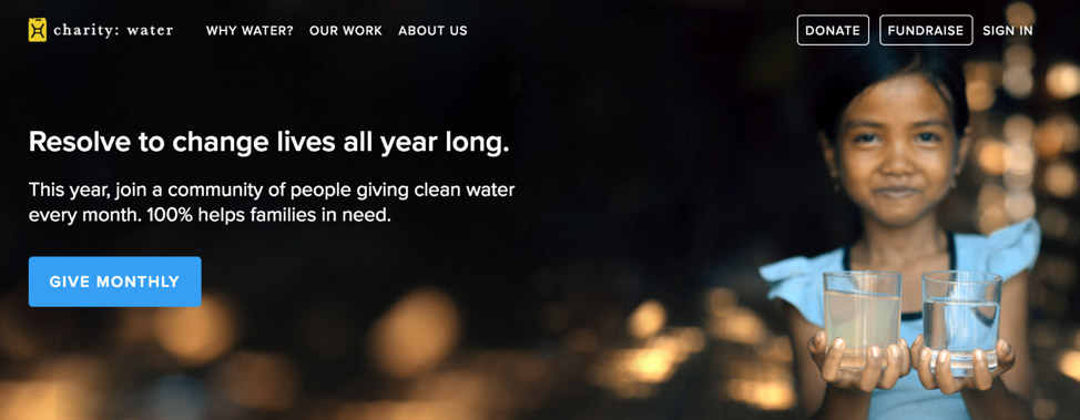 A screen capture of the Charity: Water home page call-to-action